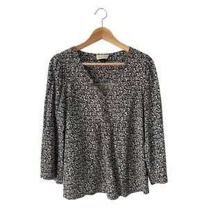 Vintage Print Peasant Blouse Navy Cream Size XL